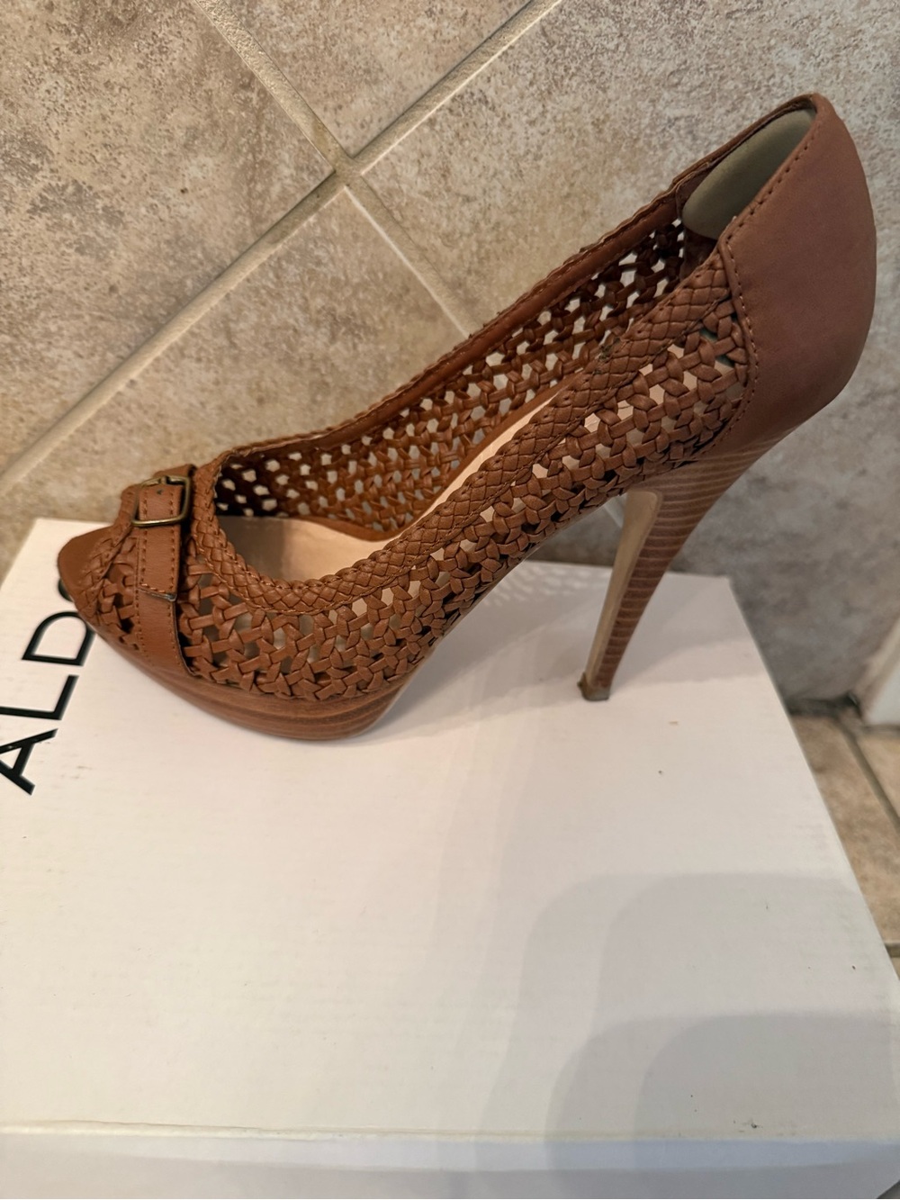 ALDO Tan Woven Peep-Toe Stiletto Heels